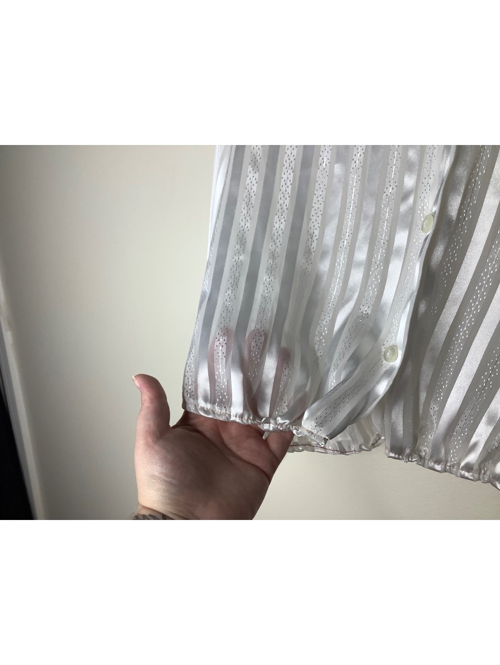 < Vintage Joanna White Striped Sheer Satin Button-Front Top > - Picture 4 of 7